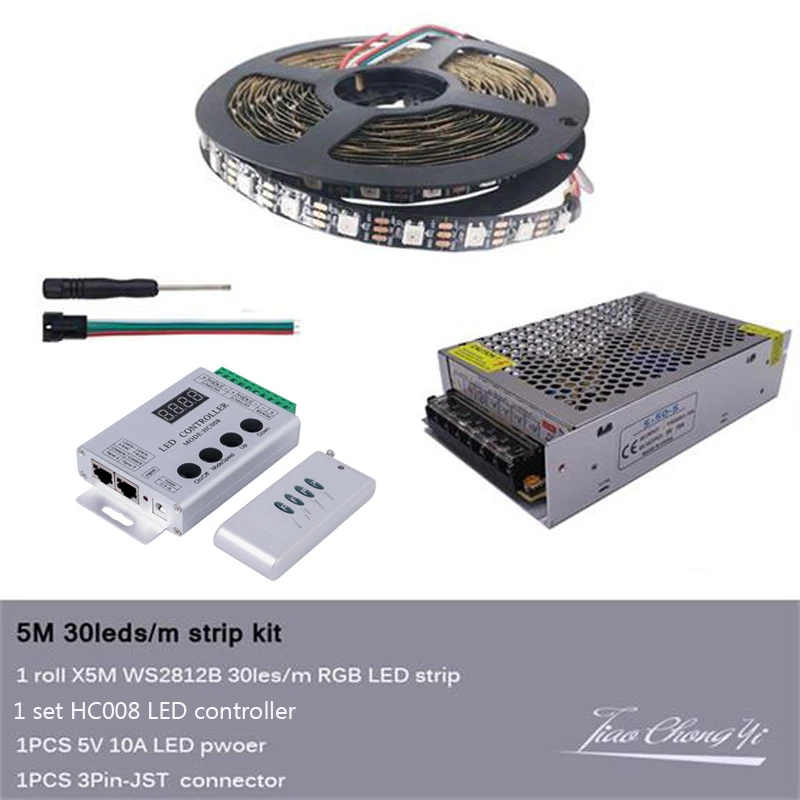 WS2812 30 светодиодный/м индивидуально адресуемый Смарт RGB светодиодный полосы+ HC008 Программируемый RGB светодиодный контроллер пикселей+ 5 В Комплект трансформатора