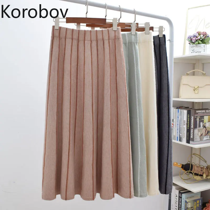 Korobov зимняя новая модная юбка с высокой талией, плиссированная полосатая Лоскутная юбка трапециевидной формы Faldas Mujer, винтажная трикотажная повседневная юбка Saias 79253