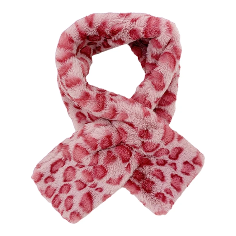 Women Pink Leopard Print Cross Loophole Collar Scarf Harajuku Winter Furry Plush Neckerchief Thermal Neck Warmer Wrap