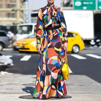 

Cocktail Dresses Vintage Geometric Pattern Printed Long Retro Women Autumn Winter Long Sleeve Elegant Ladies Office Maxi Dresses