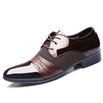 

38~48 Men Patent Leather Pointed Toe Dress Shoes Brown Patchwork Lace Up Formal Wedding Suit Shoes Italian Business Office Shoe