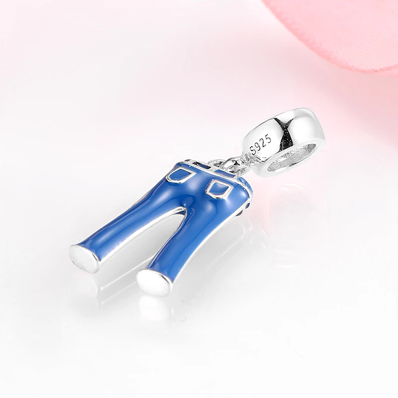 New 925 Sterling Silver cute Blue enamel jeans Pendants charms Fit Pandora beads Bracelet for Women Fine Jewelry