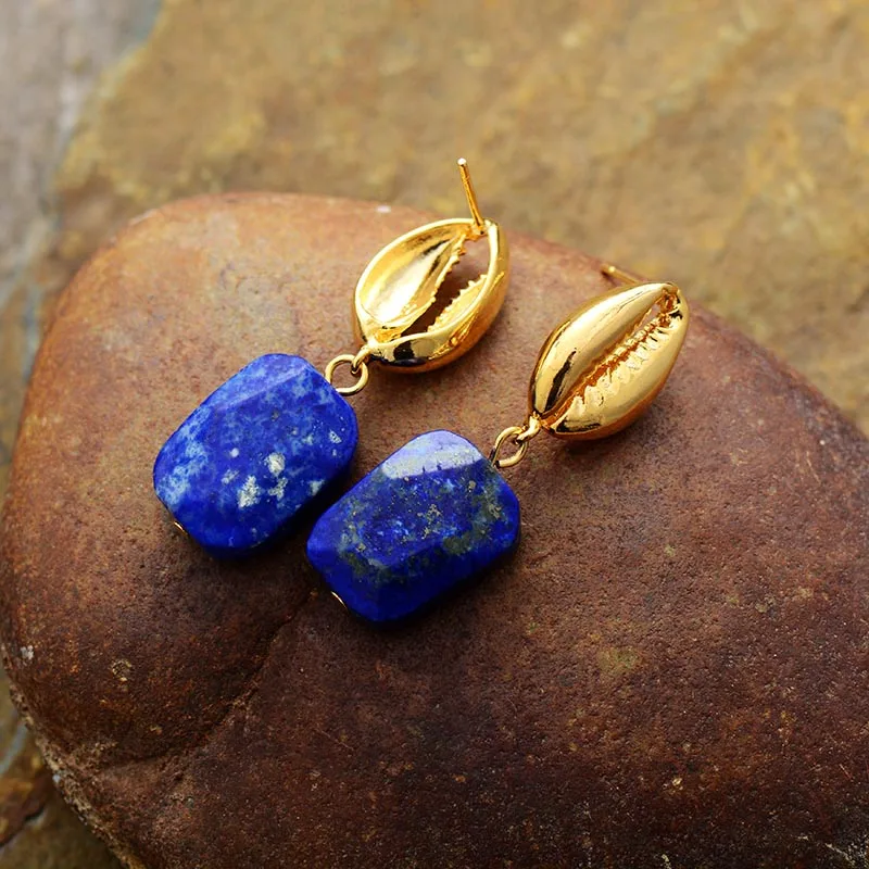 Gold Tone Shell Drop Earrings for Women Fashion Lapis Lazuli Cowry Shell Dangle Earring Jewelry Dropship Gifts