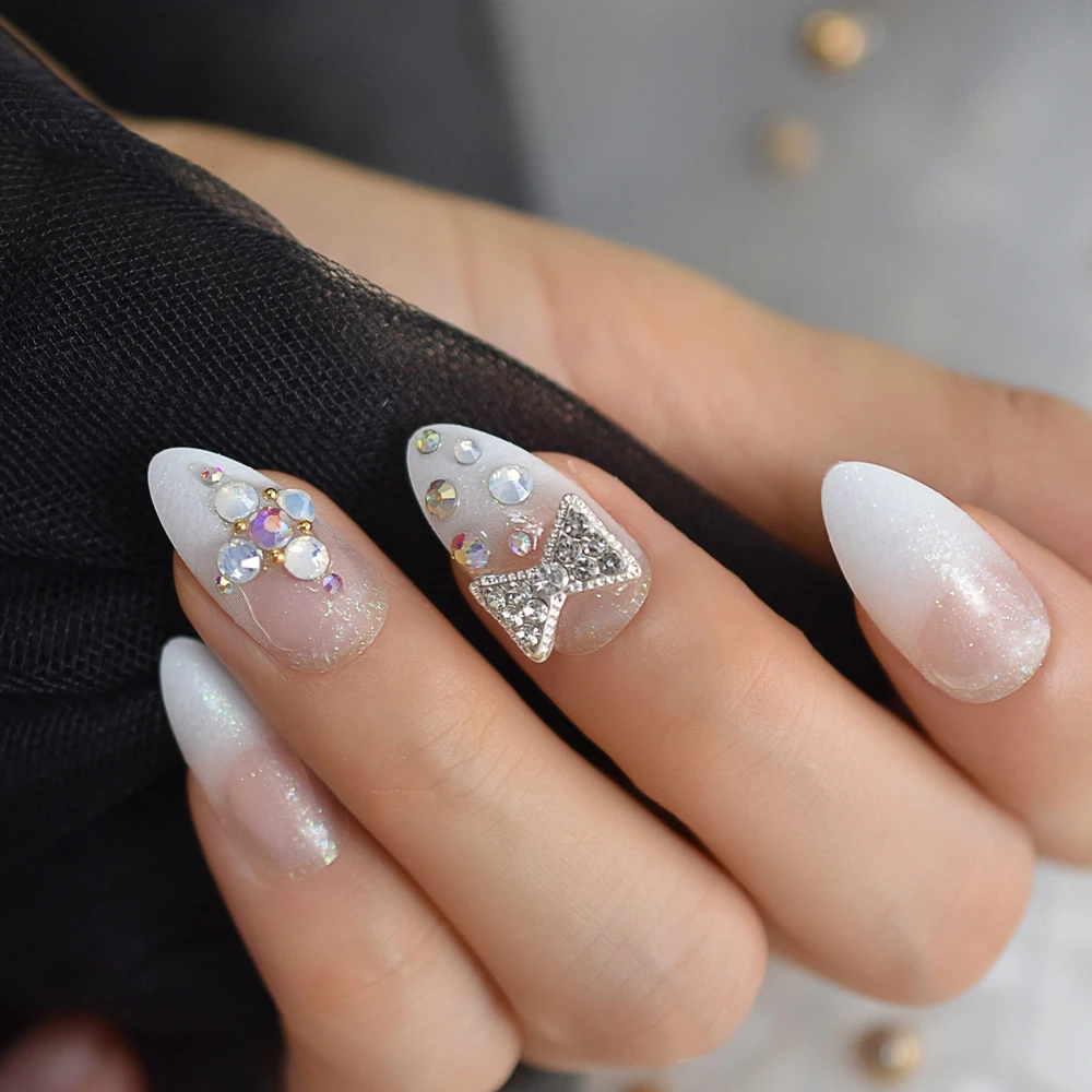 Ombre блестящая искусственная кожа Ongles Белый Французский Типсы шпильки на заказ Deisgner накладные ногти с Стразы Украшение бантом