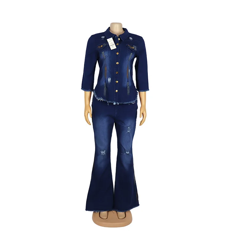 Casual Jeans Two Piece Set Women Outfits Denim Suit High Quality Set Half Sleeve Top&Flare Pants Set Tracksuit 2020 Autumn