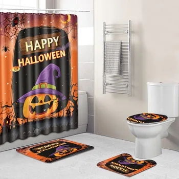 

Halloween Shower Curtain Mat Combination Four-Piece Set Bathroom Toilet Carpet Shower Room Foot Mat Cross-Border Hair
