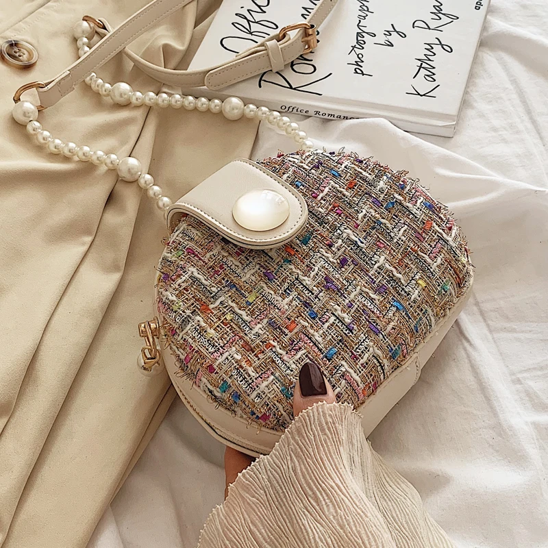 

Female Mini Round Women Bag Fashion New High Quality Woolen Women's Designer Handbag Pearl Chain Shoulder Messenger Bags