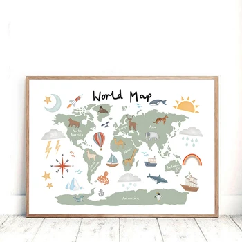 

Woodland Animal World Map Poster Art Prints Nursery Decor Watercolour Map With Animals Canvas Painting For Kids Room Wall Art