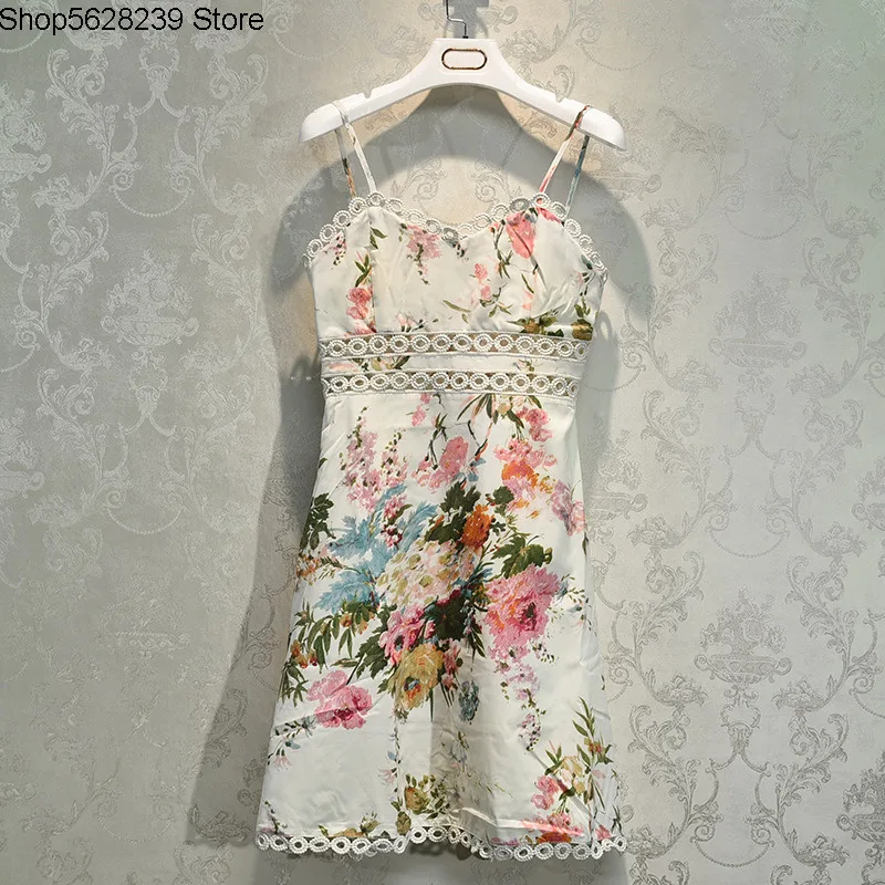 

Zim Women's Wear Crochet Flower Hollow Out V Collar Printing Sling Skirt Waist Dew Back Temperament Dress 2020 Summer Vacation