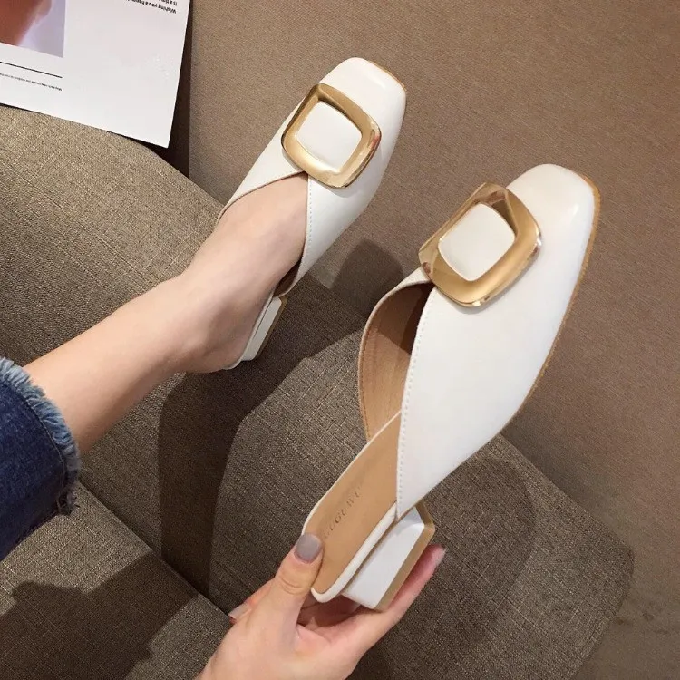 

Shoes Women Thin Heels Loafers Ladies' Slippers Luxury Slides Cover Toe Med Soft 2019 Summer Designer PU Rubber Basic