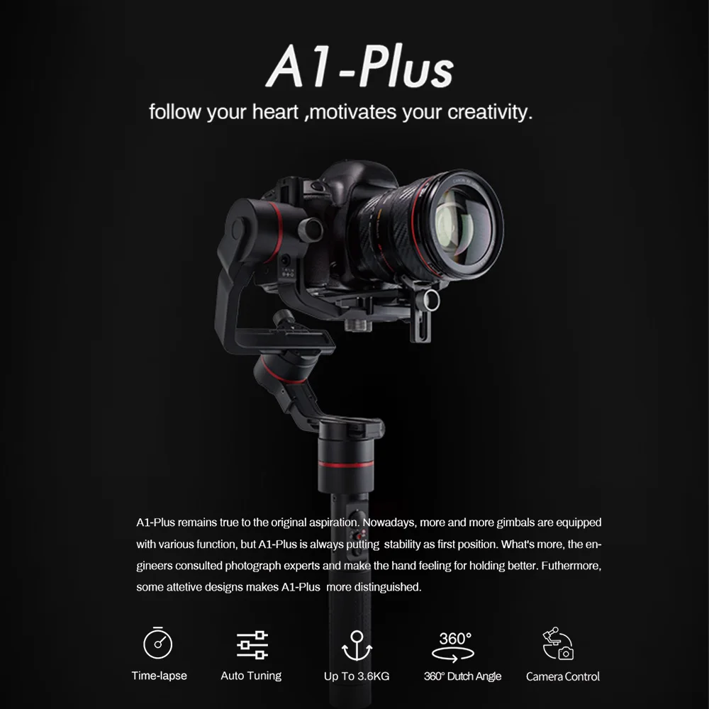 Accsoon A1 плюс 3-осевой ручной шарнирный стабилизатор для камеры GoPro 3,6 кг Laadvermogen полный Visuele zonder Крышка Для беззеркальных/цифрового однообъективного зеркального фотоаппарата