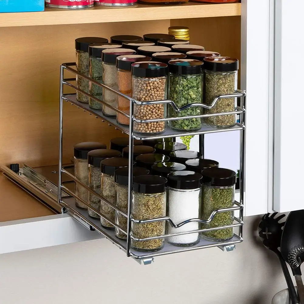 Details about   Adjustable Kitchen Spice Rack Two Layer Cabinet Organizer For Home Food Storage 