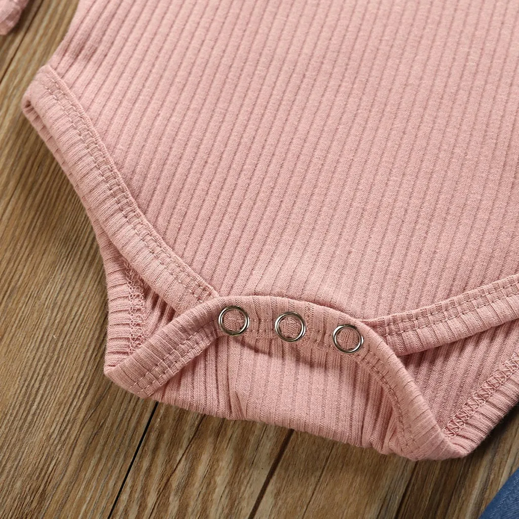 Модный однотонный хлопковый пуловер-комбинезон с круглым вырезом и длинными рукавами для новорожденных девочек джинсовые штаны комплекты детской одежды 919