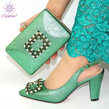

Green Wedding/Party Set Matching Sandal Shoes And Clutch Handbag Set With Stones, heel height 9.3cm