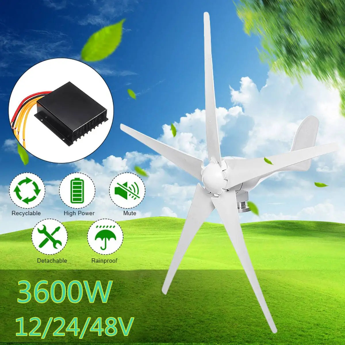 

3600W 12/24/48V Wind Power Turbines Generator 3/5 Wind Blades Option With Waterproof Charge Controller Fit for Home Or Camping