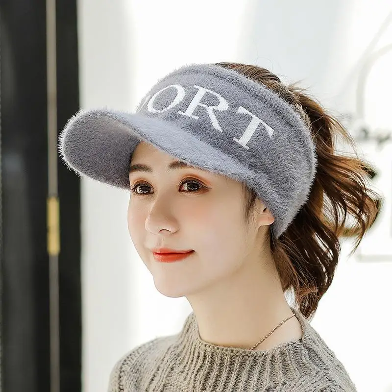 COKK Пустой Топ шляпа осень зима Женская корейская модная трикотажная шляпа кроличий мех Открытый Теплый Козырек Кепка женская шляпа от солнца ветрозащитная - Цвет: Gray