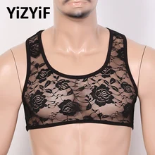 Сексуальные мужские кроп-топы, неженски прозрачное белье, глубокий u-образный вырез, без рукавов, эластичный Цветочный кружевной короткий жилет, кроп-топы, одежда для сна