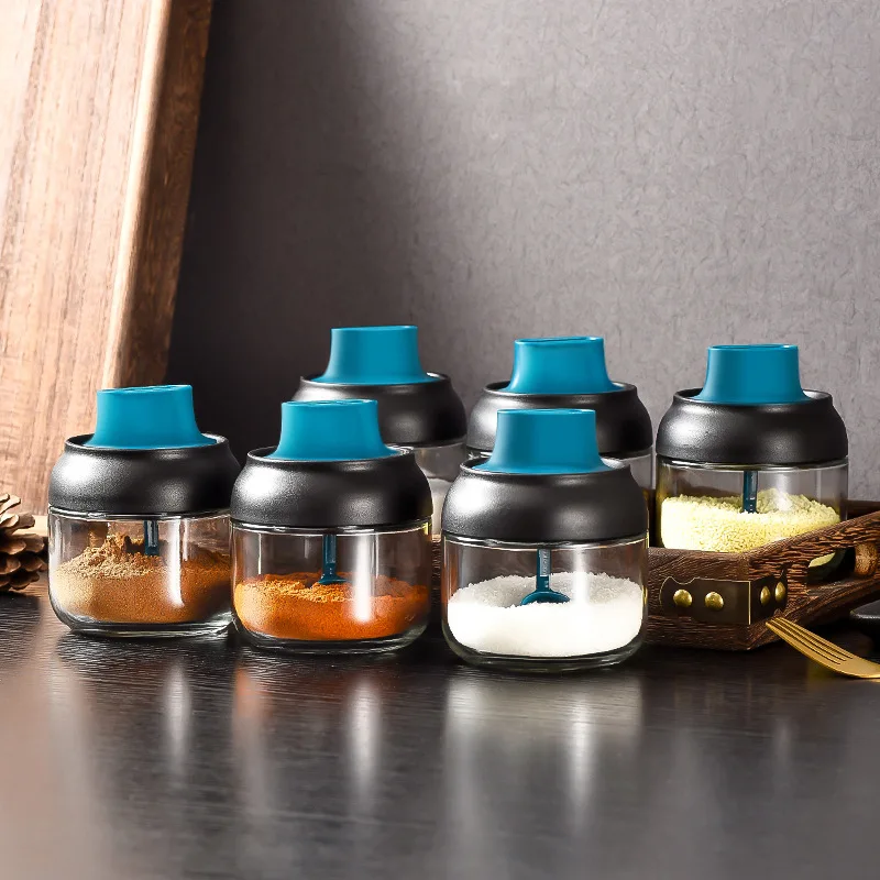 

Transparent Kitchen Supplies Glass Seasoning Bottle Salt Oil Storage Box Spice Jar for Salt Oil Honey Sugar Pepper with Spoon