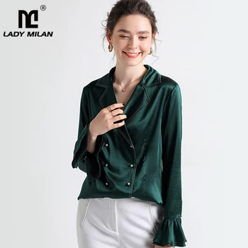 

100% Heavy Silk Women's Shirt Notched Collar Long Flare Sleeves Ruffles Double Breasted Fashion Blouse Tops