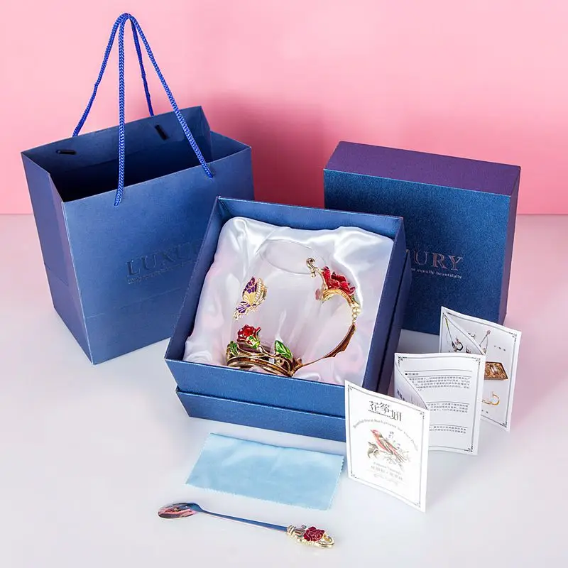 Red Rose Enamel Cup Flower Tea Cup Crystal Heat-resistant High Borosilicate Glass Gift Box Couple Business Gift Cup