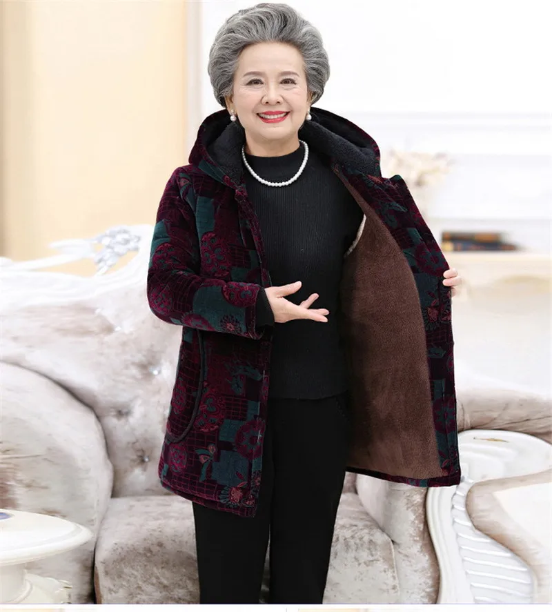 Женский пуховик среднего возраста, хлопковая куртка, осенне-зимнее свободное теплое хлопковое пальто с капюшоном для пожилых людей, плюс размер, верхняя одежда с капюшоном, 5XL 1205