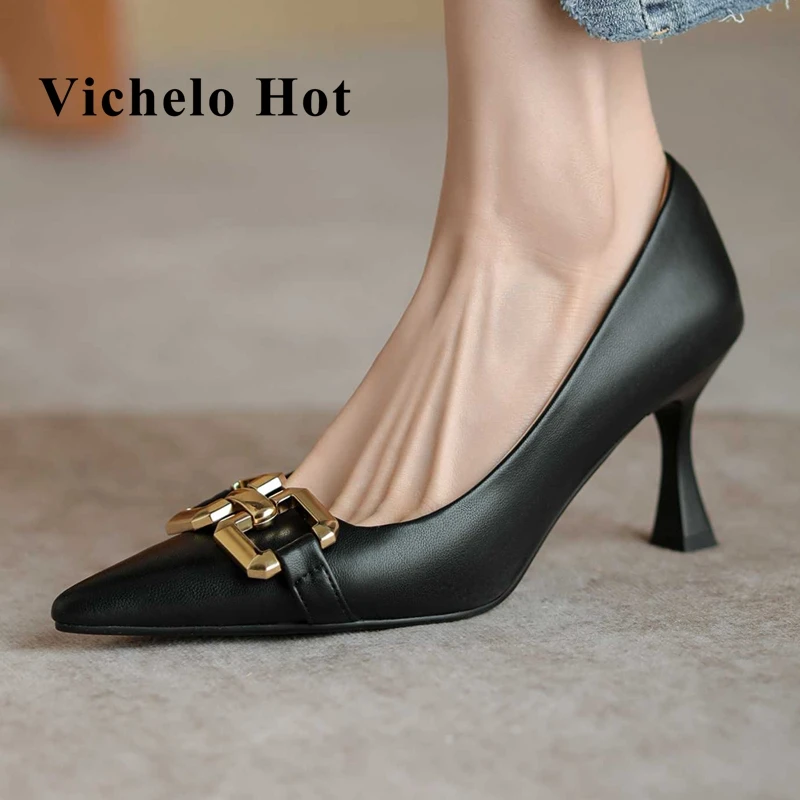 

Vichelo Hot European style sheep leather pointed toe strange high heels metal decorations mature lady elegant women pumps L09