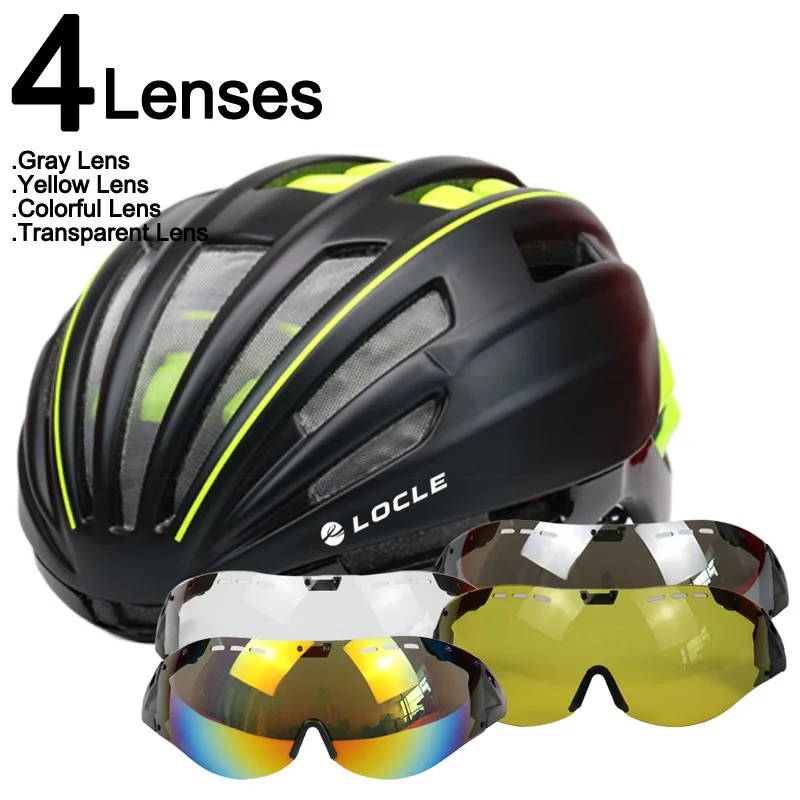 LOCLE Goggles велосипедный шлем дорожный горный MTB велосипедный шлем Casco Ciclismo Сверхлегкий в форме велосипедный шлем с очками 55-61 см - Цвет: Black Green 4 Lenses