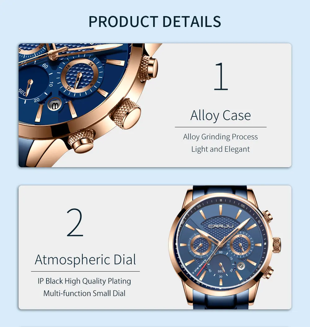 CRRJU, лидер продаж, деловые мужские часы, модные, синие, с хронографом, со стальным ремешком, наручные часы, повседневные, водонепроницаемые, relogio masculino