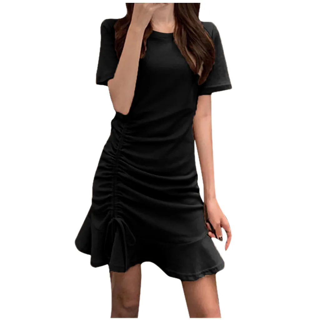 Jaycosin Fashion Summer Casual O-Neck Short Sleeve Elegant Women Summer Long Dress Ladies Slim Thin Solid Ruffles Knee Dress 319