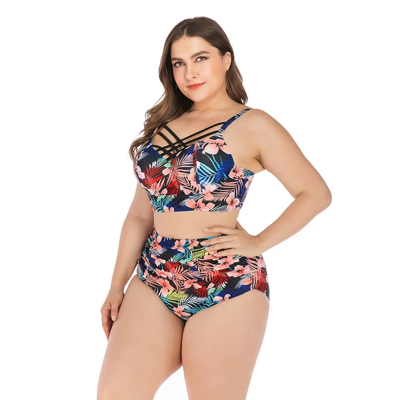 

Plus Size Swimsuit Female Quick Dry Women Tankini Floral Strappy High Waist Swimwear Bikini Top Bottom Lady Beach Swimming Suit