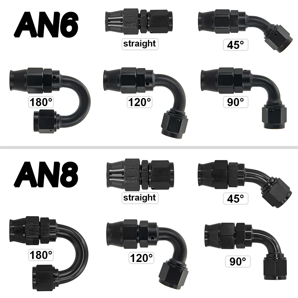 PTEF AN6 AN8 straight 0 45 90 120 180 Degree Reusable Swivel PTFE Hose End Fitting oil line fitting adapter reducer expander fitting