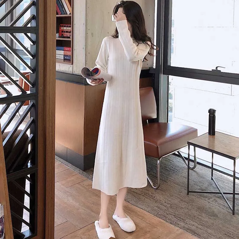 2020 Sweater Dress Autumn Winter Women Korean Long Sleeve Slim Stripe Knit Dress Female French Vintage One-Piece Dress Vestidos