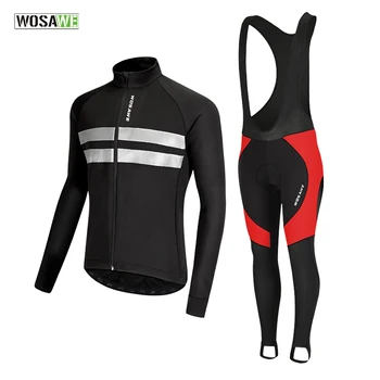 

WOSAWE Reflective Cycling Jacket Set Winter Thermal Fleece Gel Pad Bicycle Bike Riding Jacket Bib Pants Set Cycling Clothing