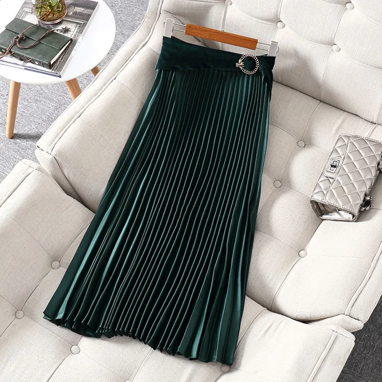 Осень и зима вельветовый пояс Модная плиссированная юбка тонкая темпераментная длинная юбка