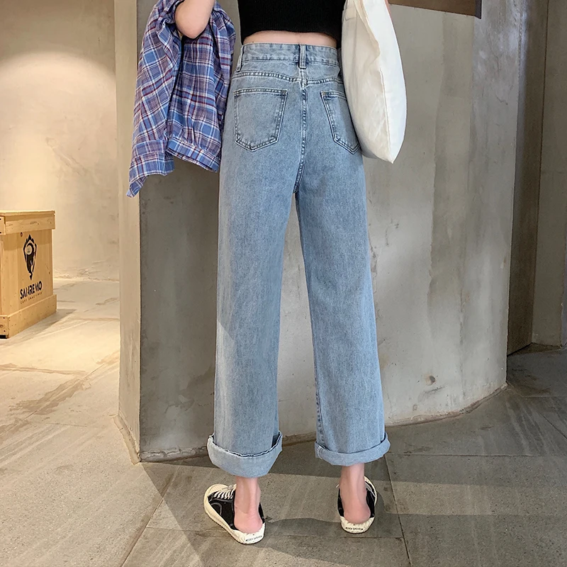 Джинсы женские Ulzzang Harajuku Свободные Модные Простые универсальные новые корейские стильные тонкие женские брюки с высокой талией шикарные женские Студенческие