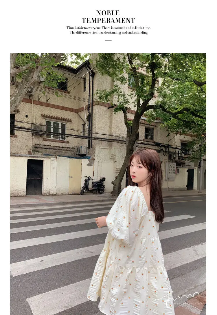 Dress Women Print Puff Sleeve Sweet Student Short Sleeve Korean Version Lovely Stylish Summer Above Knee Empire Loose Vestidos green dress