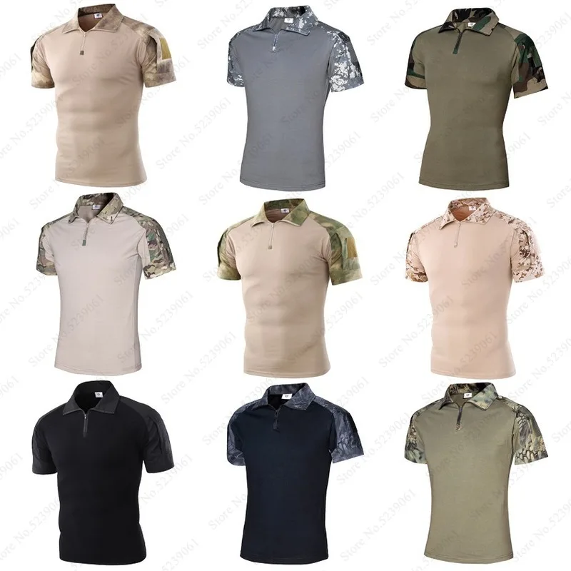 

Men ACU Camouflage Short Sleeve Polo T-Shirt Outdoor Tactical Military Uniforms Hunting Tee Tops Combat Blouse Soldier Army Suit