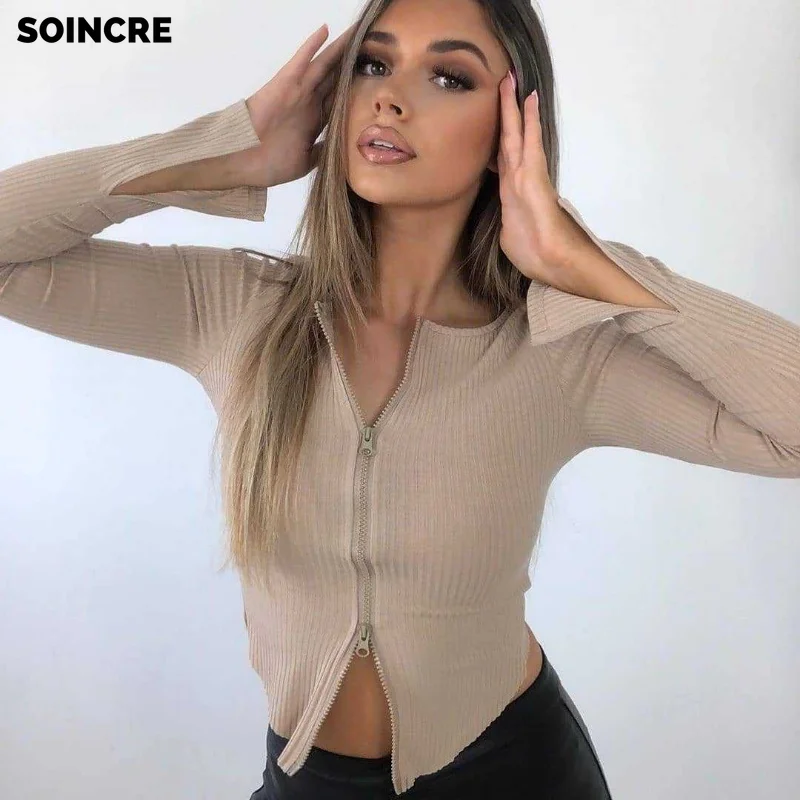2021 Primavera y novedad de verano de Color sólido costura Delgado cremallera de manga larga chaqueta Chaqueta corta Camiseta chaqueta de las mujeres