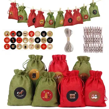 

24 PCS Christmas Advent Calendar Countdown Bag Sack Gift Burlap Bags Drawstring Hanging Pouch With Clips Stickers Rope