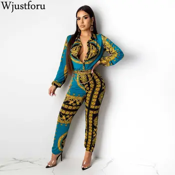 

Wjustforu Colorblock Exotic Print Lantern Sleeve Jumpsuit Retro Print V Neck Rompers Jumpsuit Casual Autumn Overalls Streetwear