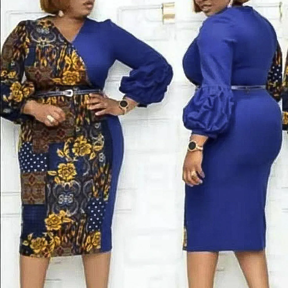 African Plus Size Women&amp#39s Digital Blue Print Stitching V-neck Long-sleeved Dress Fashion OL Commuter Bag Hip Autumn New |