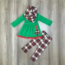 Новогодняя елка, помпон, осень/зима, для маленьких девочек, зеленый, 3 предмета, шарф наряды, штаны в клетку, одежда с принтом, с оборками, бутик детской одежды