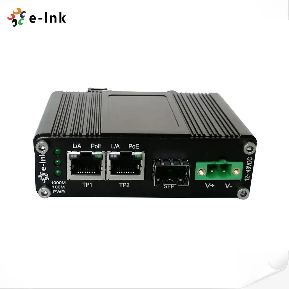 Мини промышленный 1 порт 100/1000X SFP в 2 порта 10/100/1000T 30 Вт PoE + медиаконвертер с входом 12