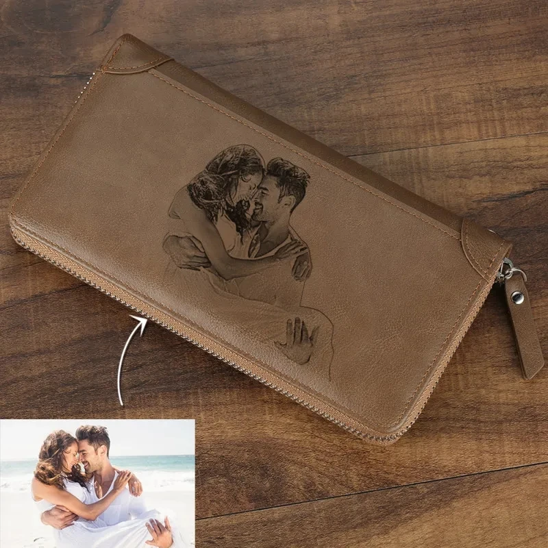 Photo Wallet Men's Personalized Custom Pattern Engraving Long Section Leather Picture Lettering Multi-Function Purse Clutch Bag