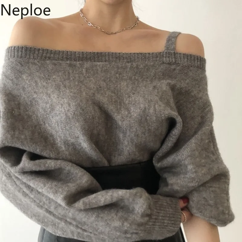 Neploe, корейский, шикарный, сексуальный, без бретелек, пуловер, свитер, женский, с вырезом лодочкой, с длинным рукавом, Pull Femme Hiver, свободный, Sueter 47806
