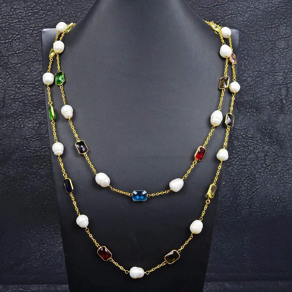 Women's Jewelry Natural Pearl 60'' White Rice Pearl Crystal 18k Plated Chain Necklace