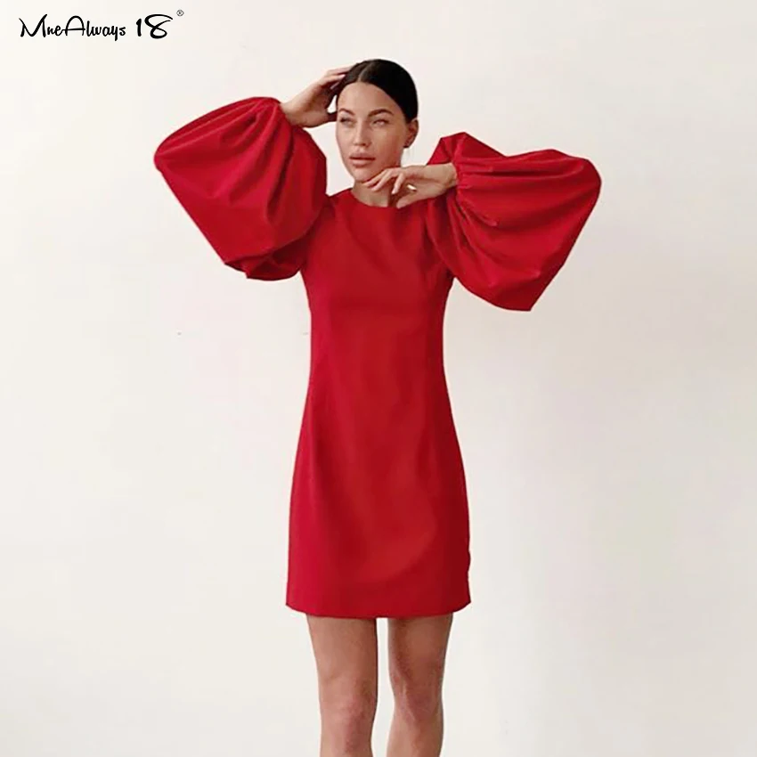 

Mnealways18 Solid Red Lantern Sleeve Dress Women Evening Party Elegant Black Dress O-Neck Slim Short Mini Autumn Dresses Fashion