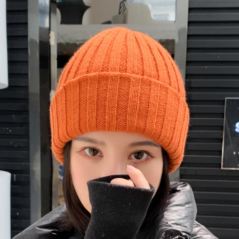 Женская однотонная Повседневная теплая вязаная шапка Skullies Beanies шапки бини женский корейский стиль Элегантный Красивая осенне-зимняя модная шапка - Цвет: orange