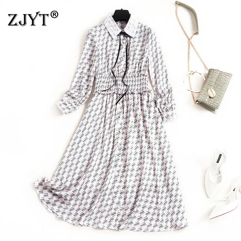 

Europe Fashion Spring Dress Women High Quality Designer Shirt Collar Elastic Waist Geometric Print Chiffon Dress Beach Vestidos