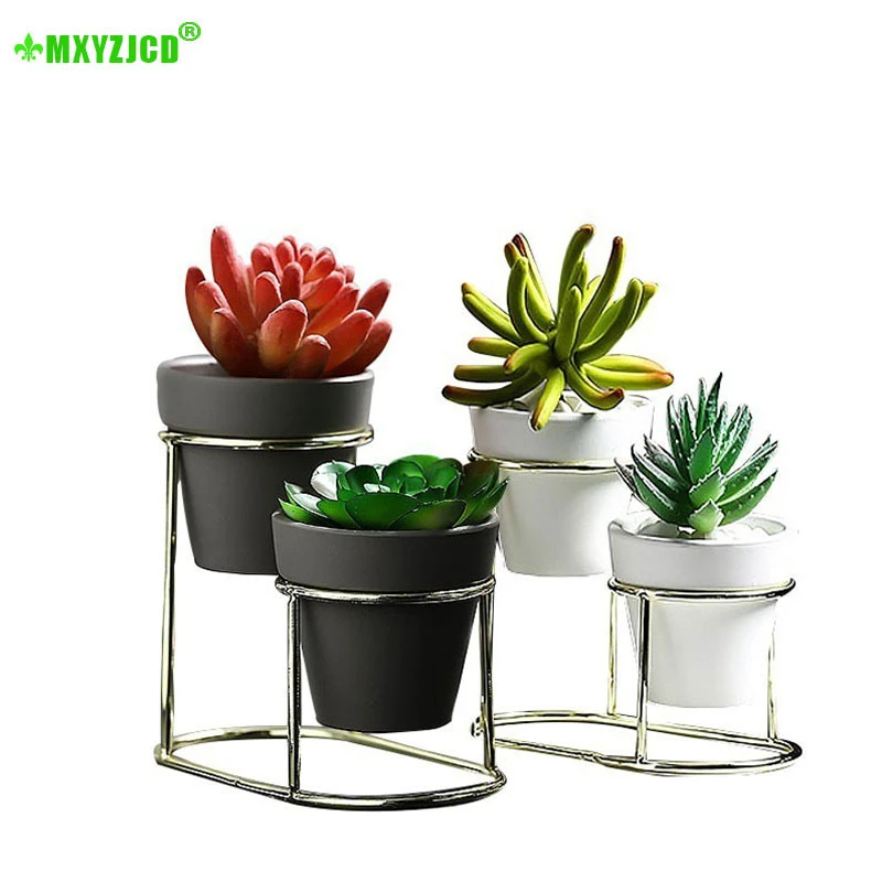 

Iron Frame Ceramic Green Flower Pot Automatic Drainage Flower Pot Table Top Decoration Office Metal Shelf Ceramic Pot